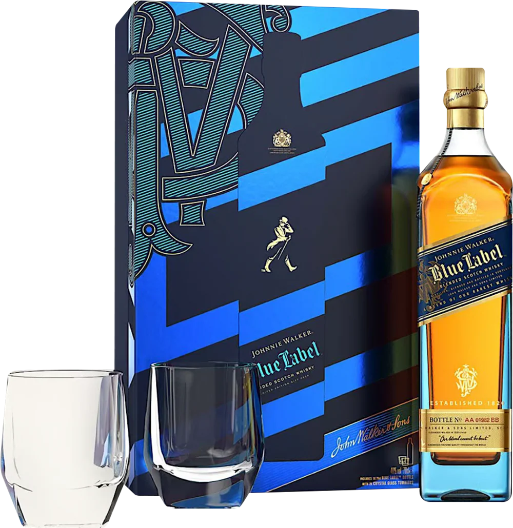 Johnnie Walker Blue Label Blended Scotch Whisky with Glasses